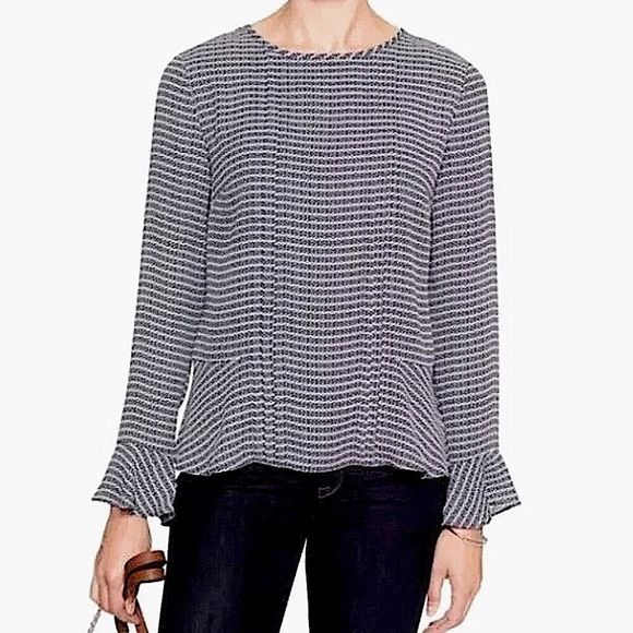 Womens Banana Republic Navy Blue Pattern Bell Cuff Peplum Long Sleeve Blouse NWT - Picture 1 of 8